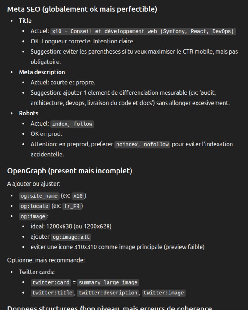 Screenshot de propositions de ChatGPT pour améliorer le SEO de x10-solutions.fr