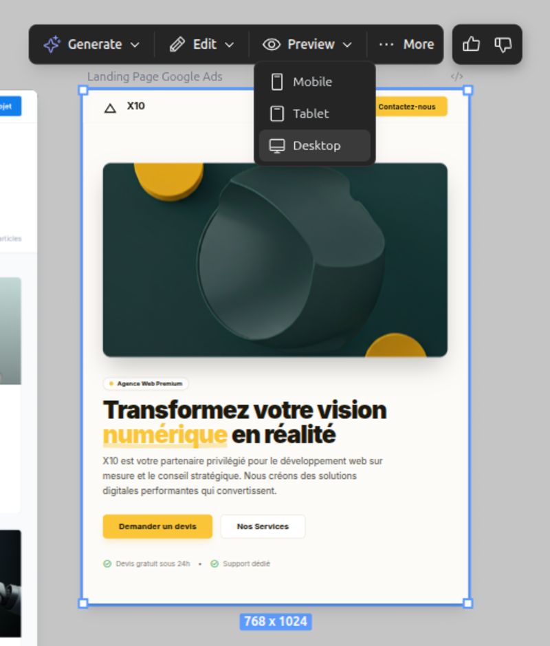 Screenshot du support du responsive design sur le projet Stitch x10-solutions.fr