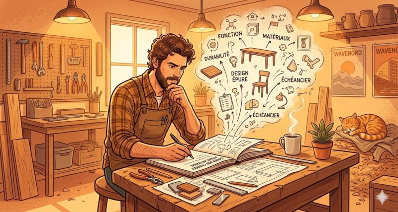 Un document structuré posé sur un bureau à côté d'un écran affichant un projet web