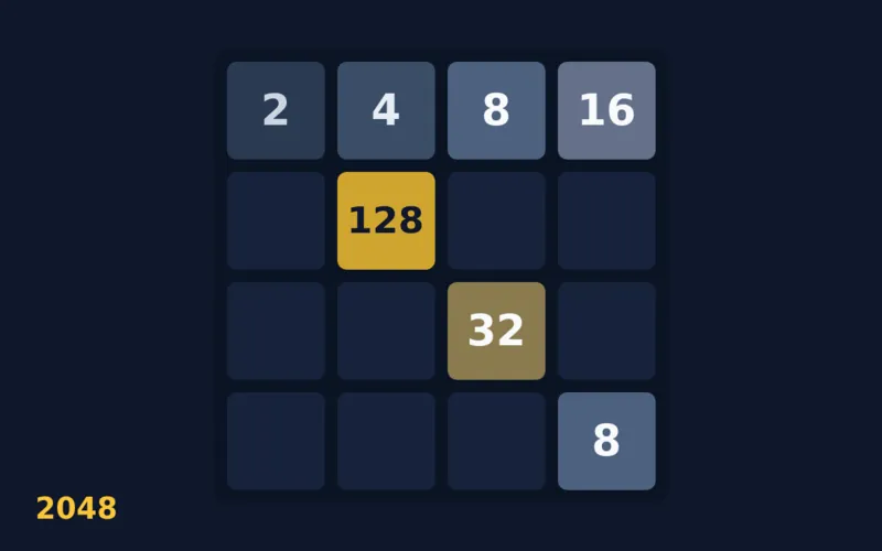 Écran de jeu 2048 : une grille 4×4 sombre avec des tuiles numérotées 2, 4, 8, 16, 32 et 128.