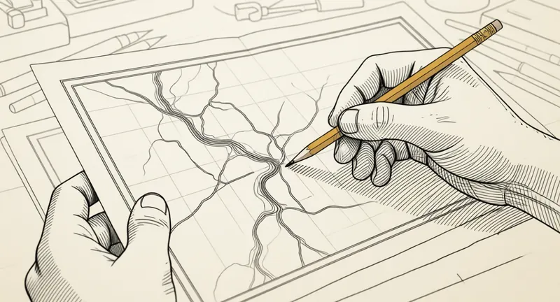 Un artisan compare deux cartes à son établi et barre un itinéraire au crayon ambre