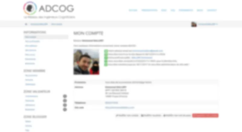 Espace membre ADCOG : tableau de bord avec informations de compte, profil public, adhésion et cursus.