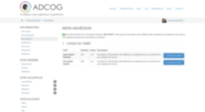 Page d'adhésion ADCOG : choix du tarif (étudiant ou salarié) avec paiement en ligne sécurisé.