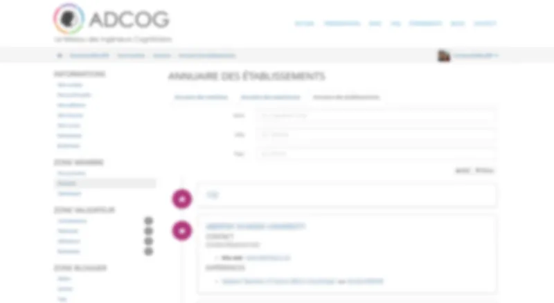 Annuaire des établissements ADCOG : recherche par nom, ville et pays avec fiches de contact et expériences associées.