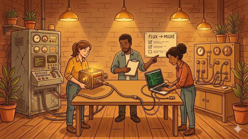 Une équipe transfère progressivement les fonctions d'un ancien module connecteur fissuré vers un nouvel atelier sur mesure.