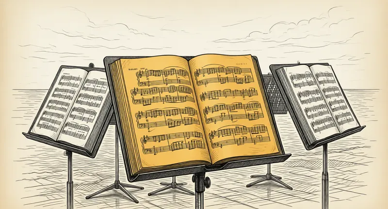Un chef d'orchestre devant trois pupitres, l'une des partitions en ambre