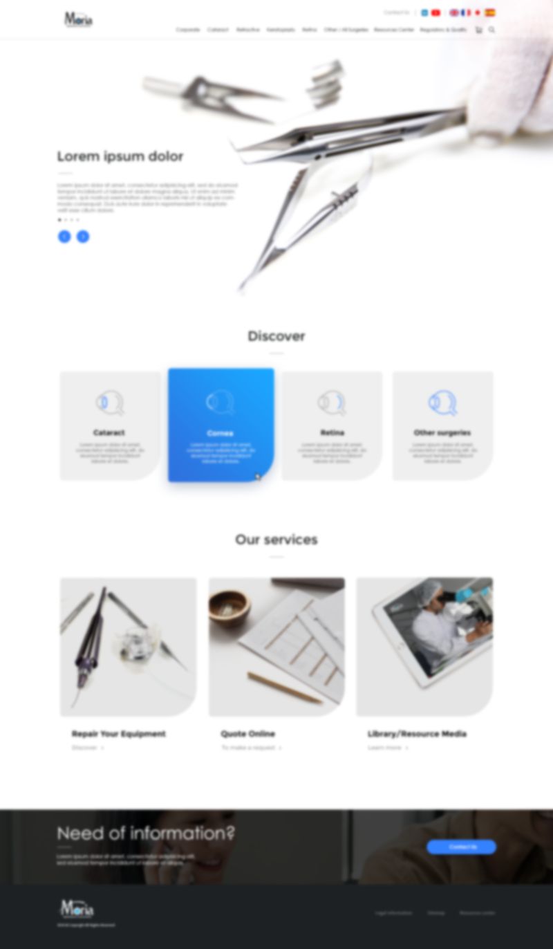 Page d'accueil : slider, spécialités chirurgicales (cataracte, cornée, rétine) et services en ligne.