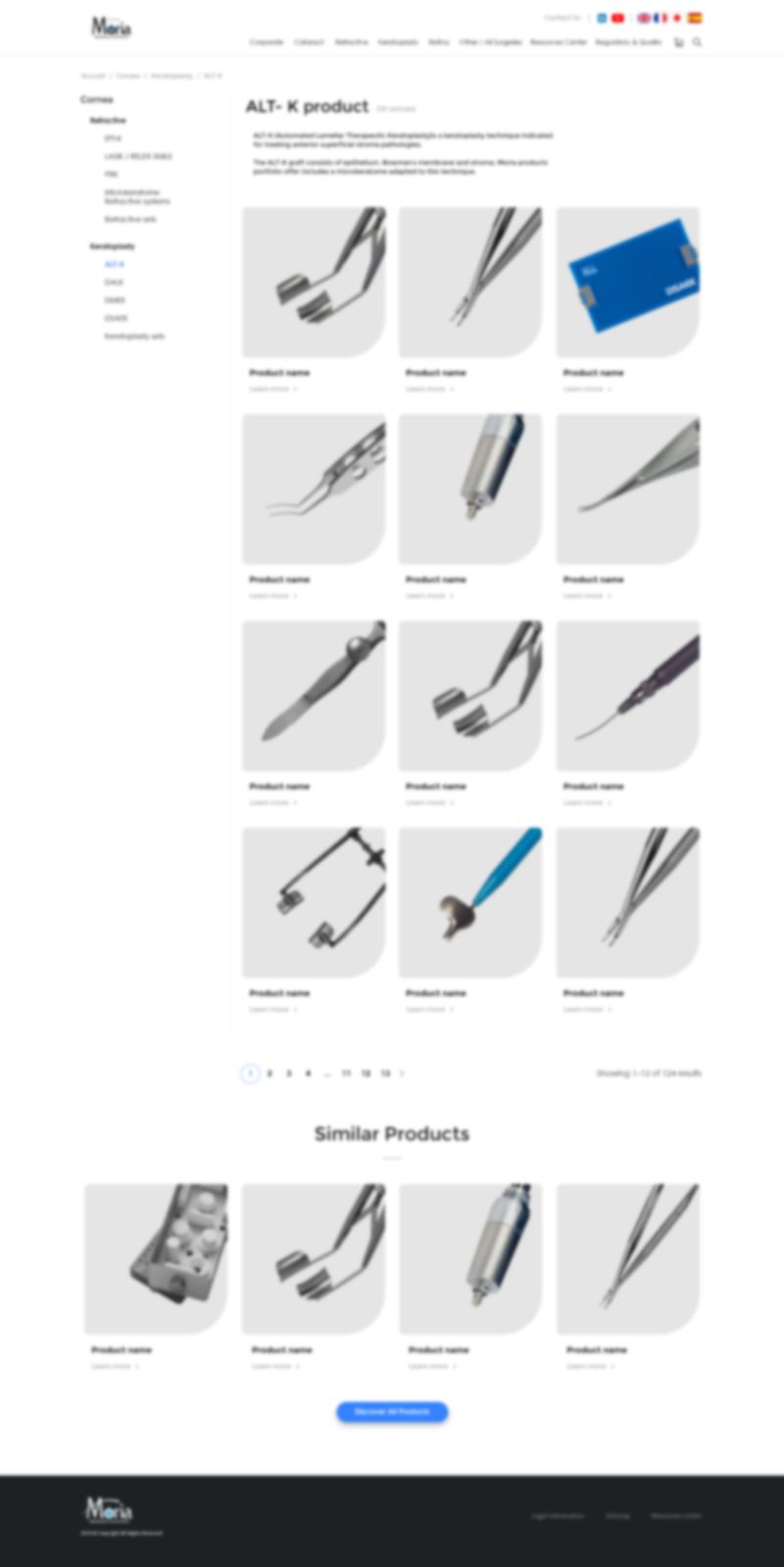 Catalogue produit : liste paginée d'instruments chirurgicaux avec navigation par catégorie et sous-catégorie.