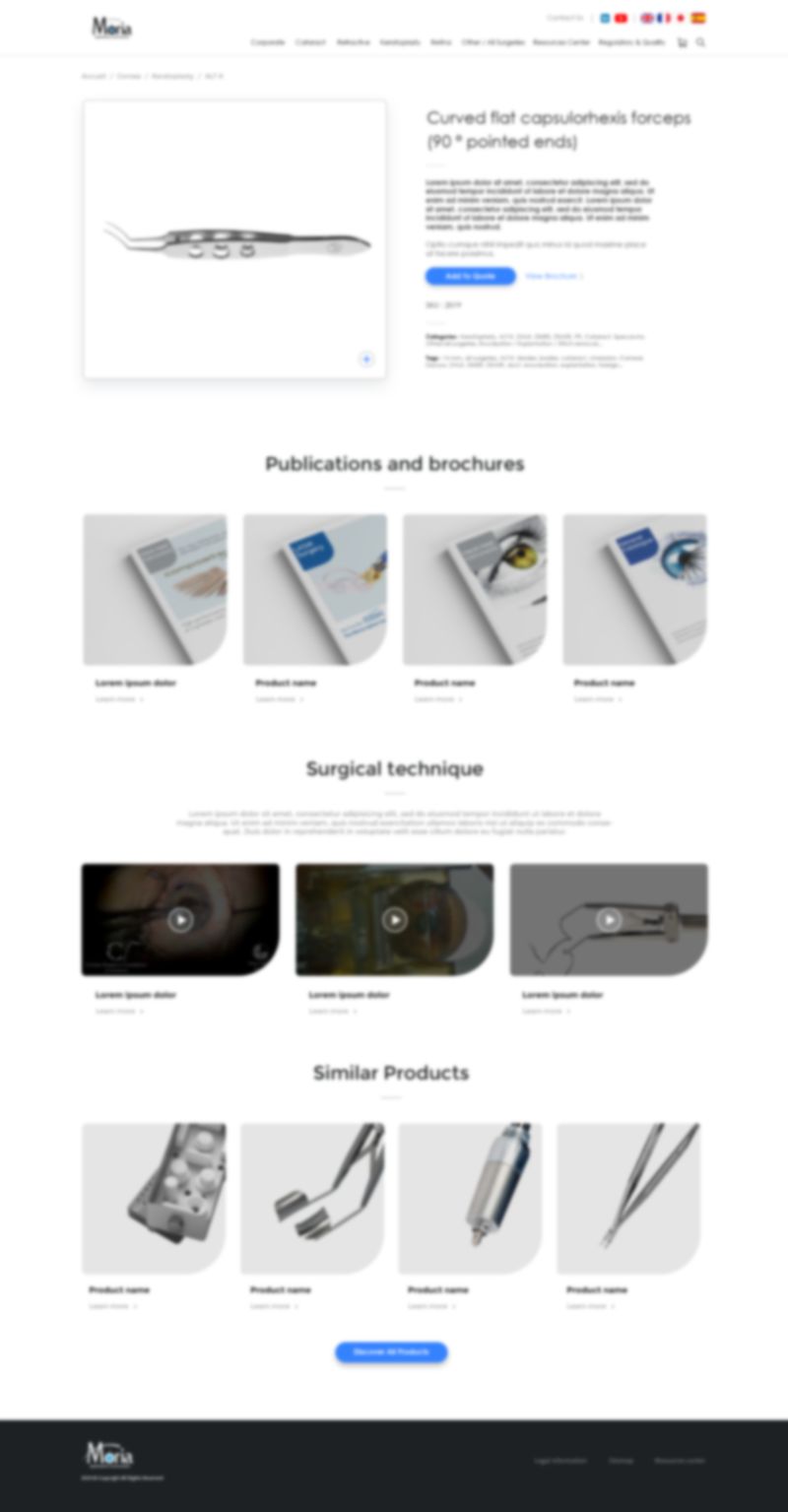 Fiche produit : détail d'un instrument avec publications, vidéos de techniques chirurgicales et produits similaires.