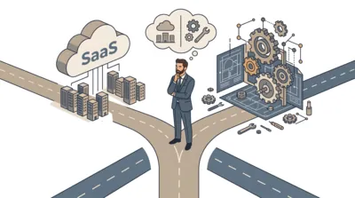 Un décideur compare deux chemins : une solution SaaS standardisée et un développement sur mesure