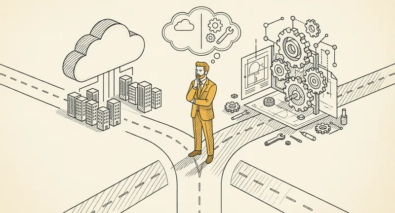 Un décideur compare deux chemins : une solution SaaS standardisée et un développement sur mesure