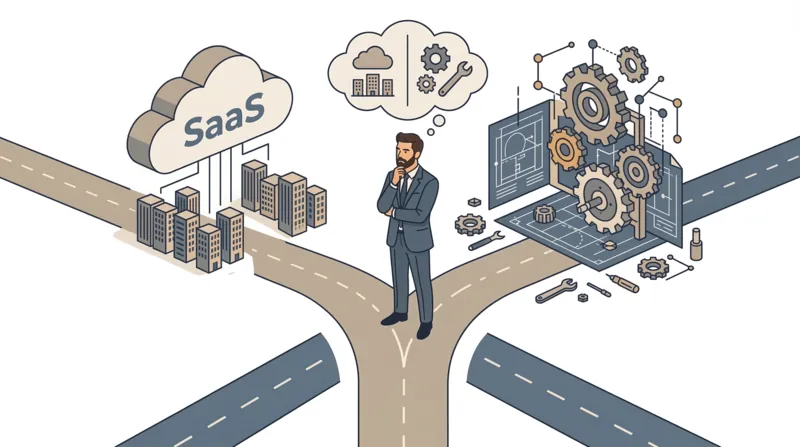 Un décideur compare deux chemins : une solution SaaS standardisée et un développement sur mesure