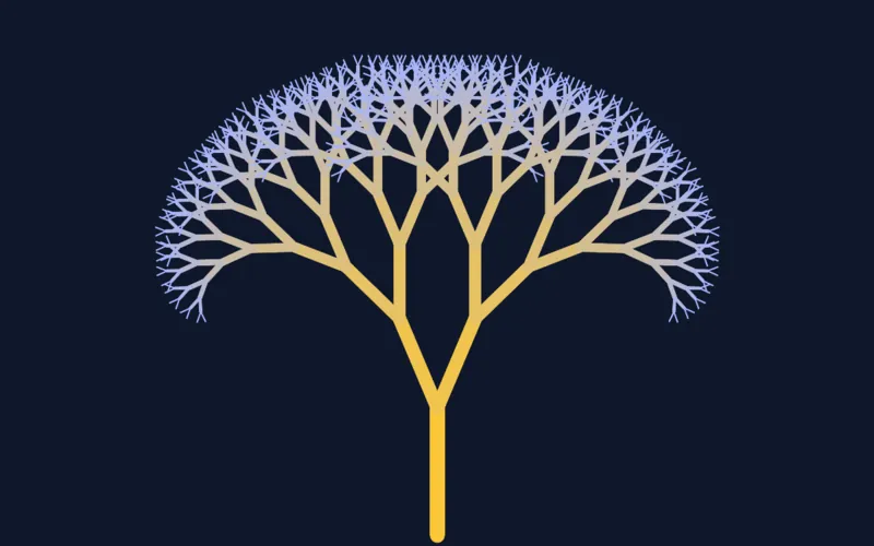 Arbre fractal symétrique : un tronc ambre à la base se ramifiant en branches de plus en plus fines virant à l'indigo, centré sur fond bleu nuit.