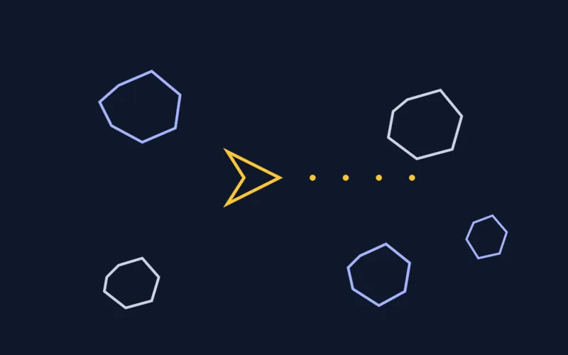 Écran de jeu Astéroïdes : un vaisseau triangulaire ambre, des astéroïdes en polygones slate et indigo et une salve de tirs sur fond bleu nuit.