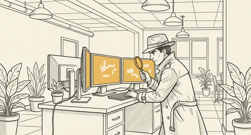 Un développeur habillé en inspecteur audit une application web.