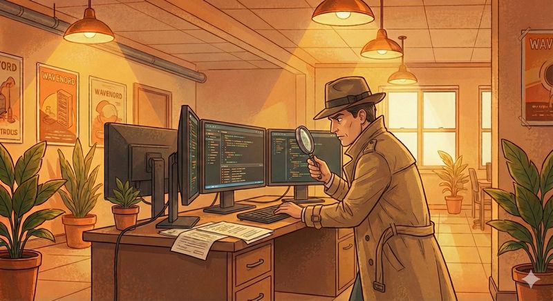 Un développeur habillé en inspecteur audit une application web.