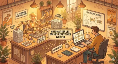 Une équipe collabore tandis qu'un assistant IA traite les tâches répétitives en arrière-plan