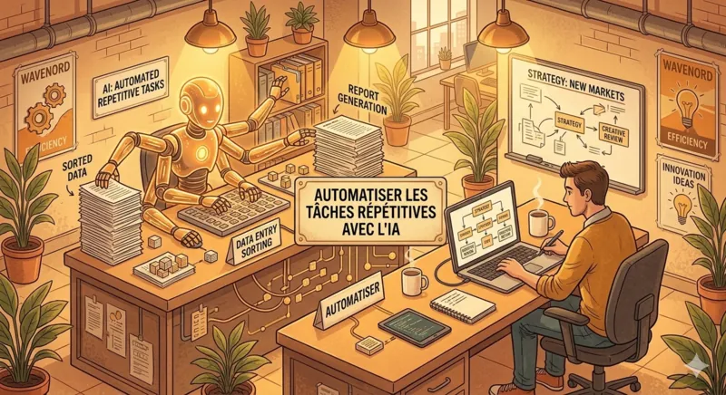 Une équipe collabore tandis qu'un assistant IA traite les tâches répétitives en arrière-plan
