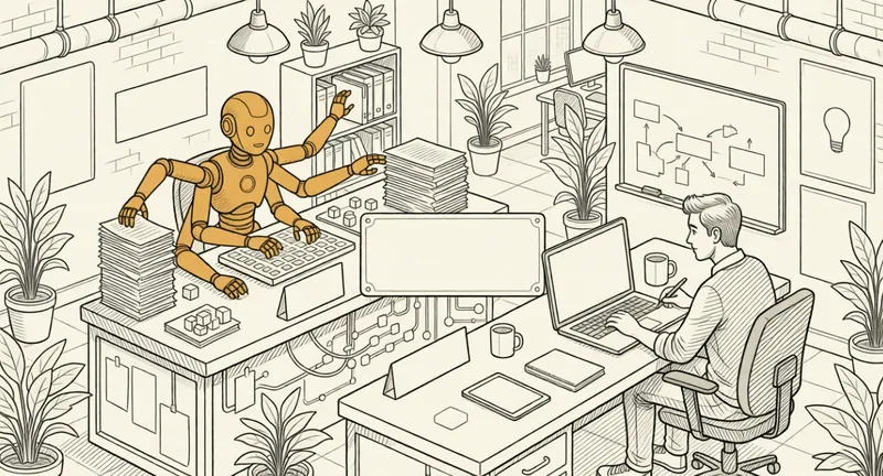 Une équipe collabore tandis qu'un assistant IA traite les tâches répétitives en arrière-plan