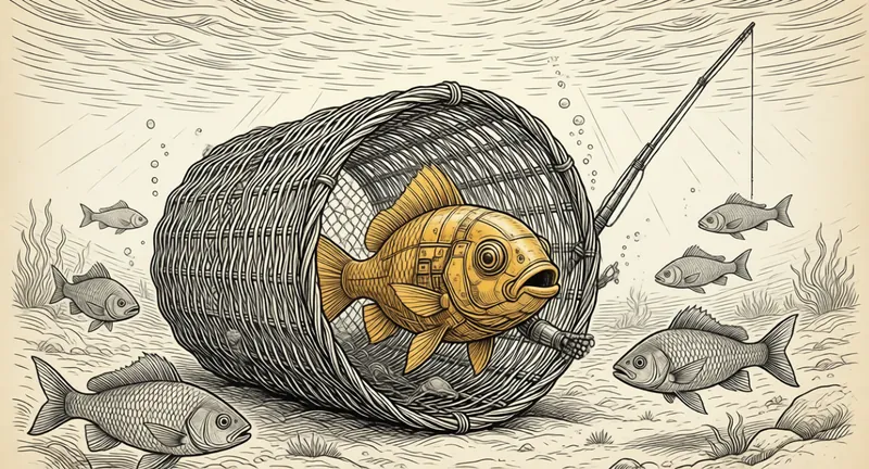 Une nasse de pêcheur à l'encre dans laquelle est pris un petit poisson-robot ambre