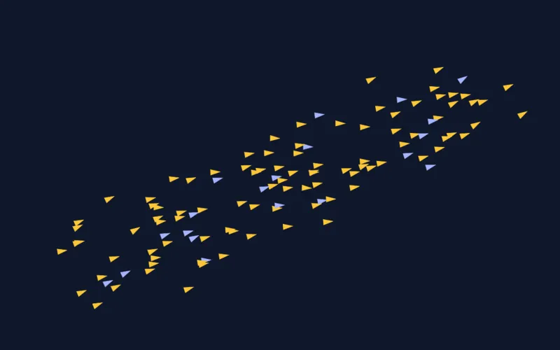 Une nuée de petites flèches ambre et indigo orientées dans des directions cohérentes, formant un banc sur fond bleu nuit.