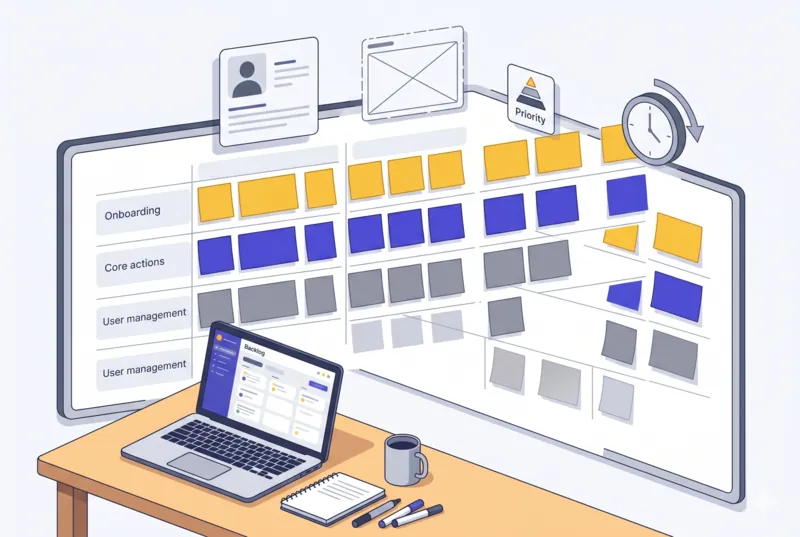 Atelier de cadrage fonctionnel : post-its colorés organisés en user story map sur un mur.