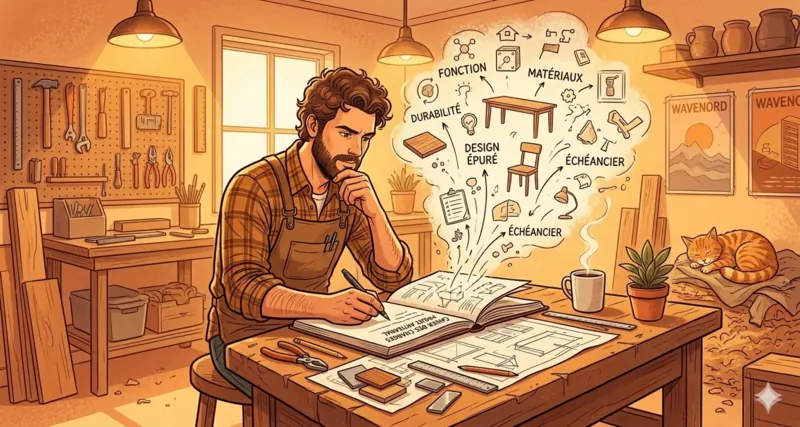 Un document structuré posé sur un bureau à côté d'un écran affichant un projet web