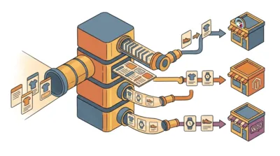 Schéma d'un pipeline de synchronisation entre un PIM et des plateformes e-commerce