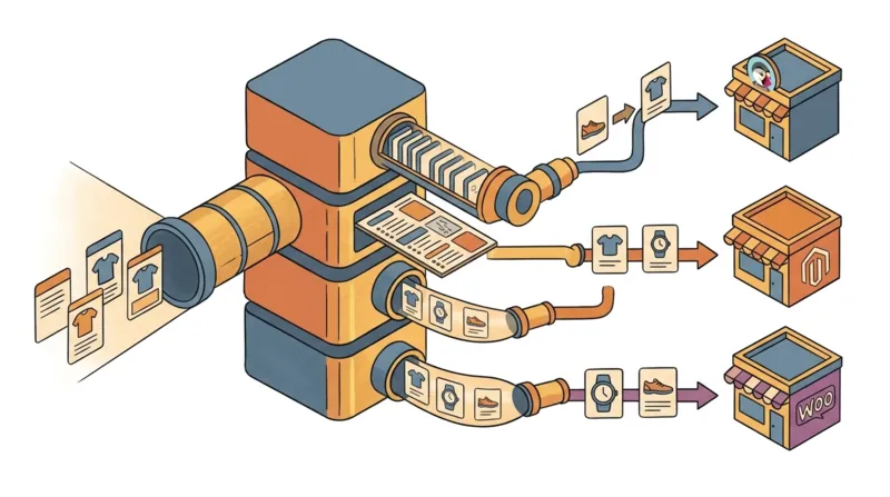 Schéma d'un pipeline de synchronisation entre un PIM et des plateformes e-commerce