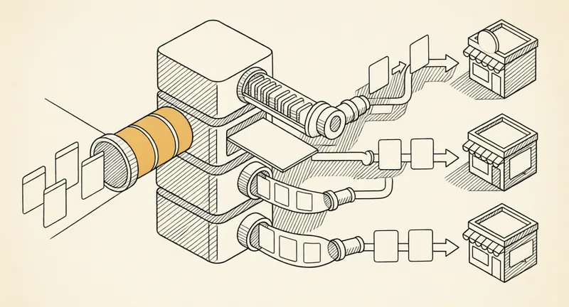 Schéma d'un pipeline de synchronisation entre un PIM et des plateformes e-commerce