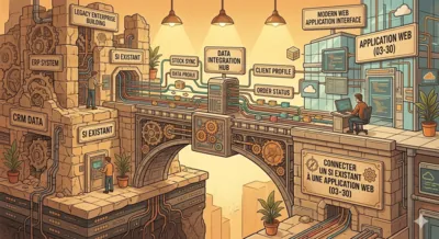 Un schéma montre une application web connectée à un ERP, un CRM et un SIRH via des API