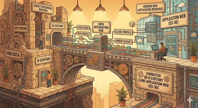 Un schéma montre une application web connectée à un ERP, un CRM et un SIRH via des API