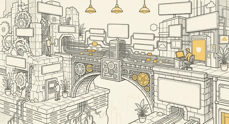 Un schéma montre une application web connectée à un ERP, un CRM et un SIRH via des API