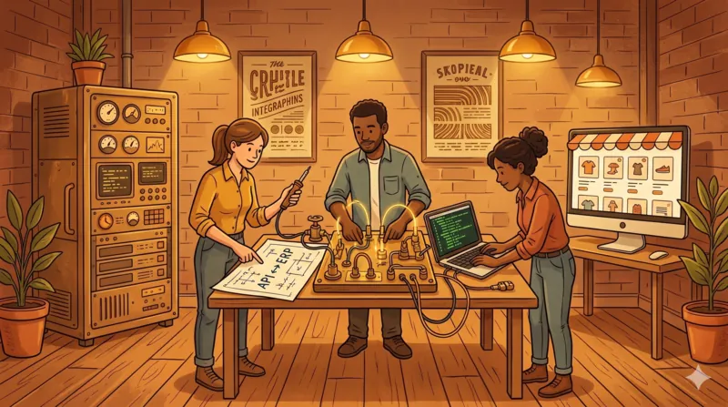 Trois ingénieurs construisent à la main un connecteur sur mesure entre un ERP et une boutique Magento.