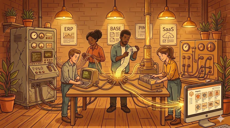 Une équipe orchestre depuis un hub central plusieurs sources de données (ERP, PIM, base, fichier, SaaS) vers une boutique Magento.