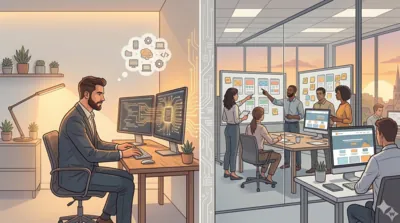 Un consultant senior travaille seul sur un projet technique face à une équipe d'agence web