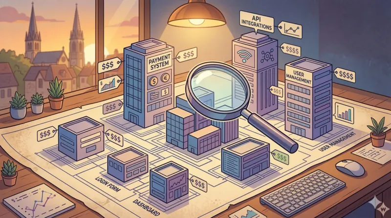 Un plan d'architecture d'application web avec des indicateurs de coût