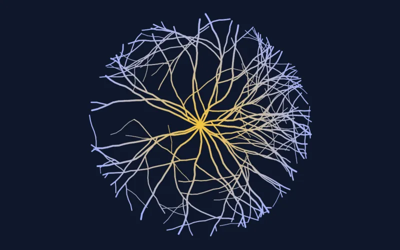 Structure fractale dendritique de l'agrégation limitée par diffusion : de fines ramifications rayonnent d'un centre ambre vers des pointes indigo sur fond bleu nuit.