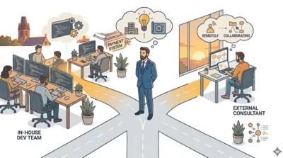 Un dirigeant à la croisée des chemins entre une équipe interne et un consultant externe