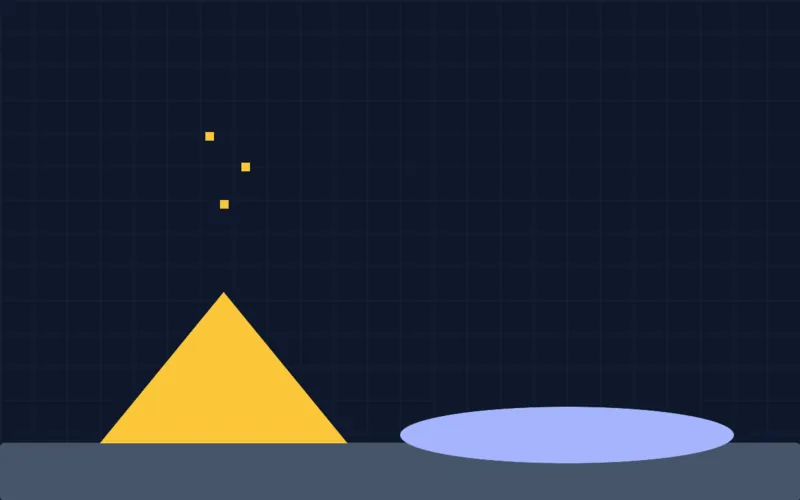 Falling Sand : un talus de sable ambre empilé et une flaque d'eau indigo posés sur une base slate, sur une grille sombre.