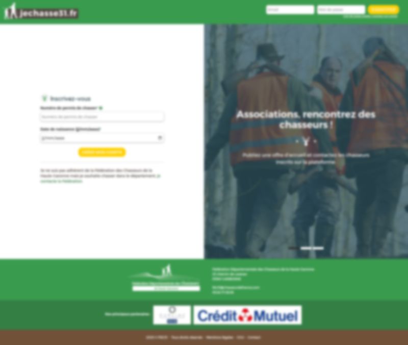 Page d'accueil jechasse31.fr : formulaire d'inscription avec numéro de permis de chasse et appel à l'action pour les associations.