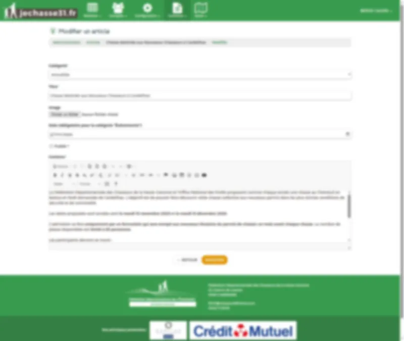 Back-office : éditeur d'articles et d'événements pour la gestion du contenu éditorial.