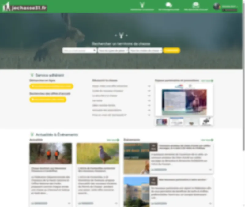 Page d'accueil connecté : recherche de territoires de chasse, actualités et événements.