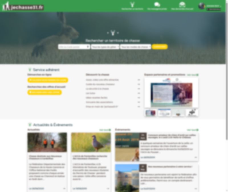 Page d'accueil connecté : recherche de territoires de chasse, actualités et événements.