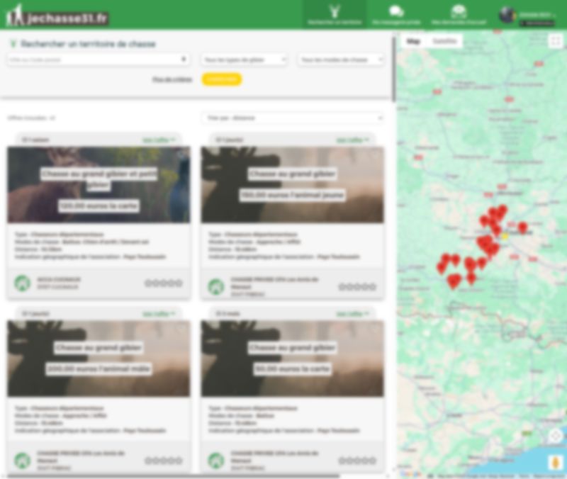 Recherche de territoires : résultats d'offres de chasse avec carte interactive et filtres avancés.