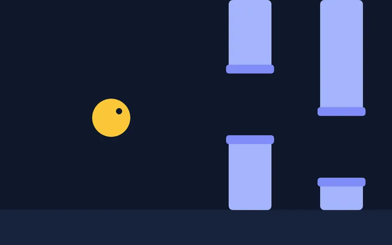 Oiseau ambre franchissant des tuyaux indigo sur fond bleu nuit.
