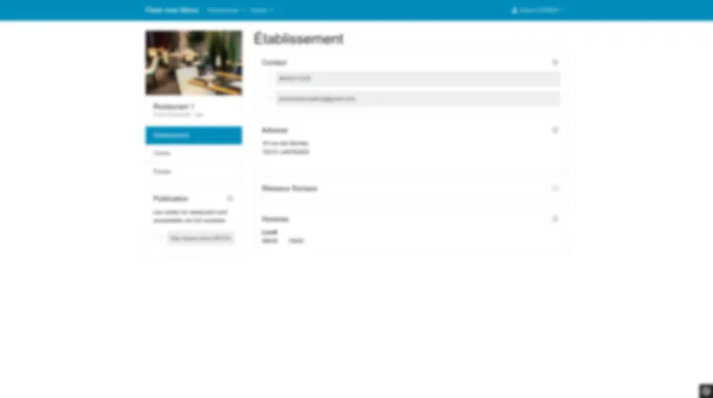 Back-office restaurateur : fiche établissement avec contact, adresse, réseaux sociaux et horaires d'ouverture.