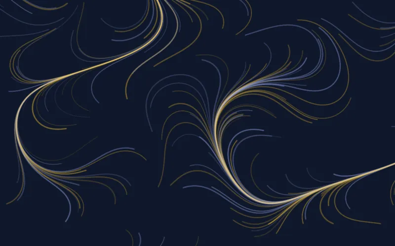 Champ de flux génératif : des courbes fluides ambre et indigo évoquant des lignes de champ sur un fond bleu nuit.