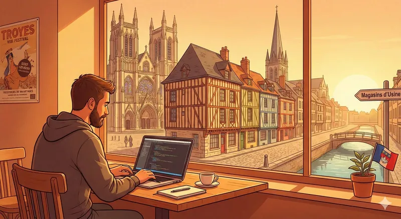 Illustration d'origine : un développeur code à la terrasse d'un café face à la cathédrale de Troyes et aux maisons à pans de bois, dans une lumière dorée aux tons sépia, avec une affiche, un panneau et un filigrane