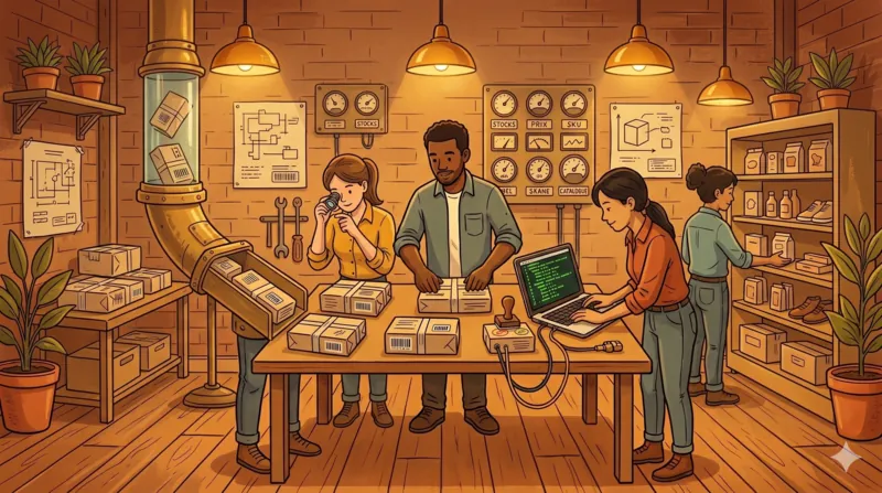 Une équipe trie et valide à la main les colis livrés par un fournisseur, un laptop affiche les imports en cours.